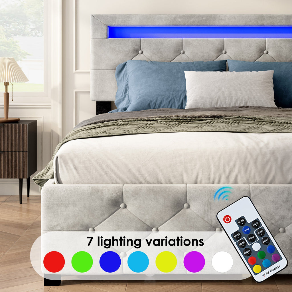 Upholstered Platform Storage Bed Frame With 4 Drawers And LED Light,No Box Spring Needed