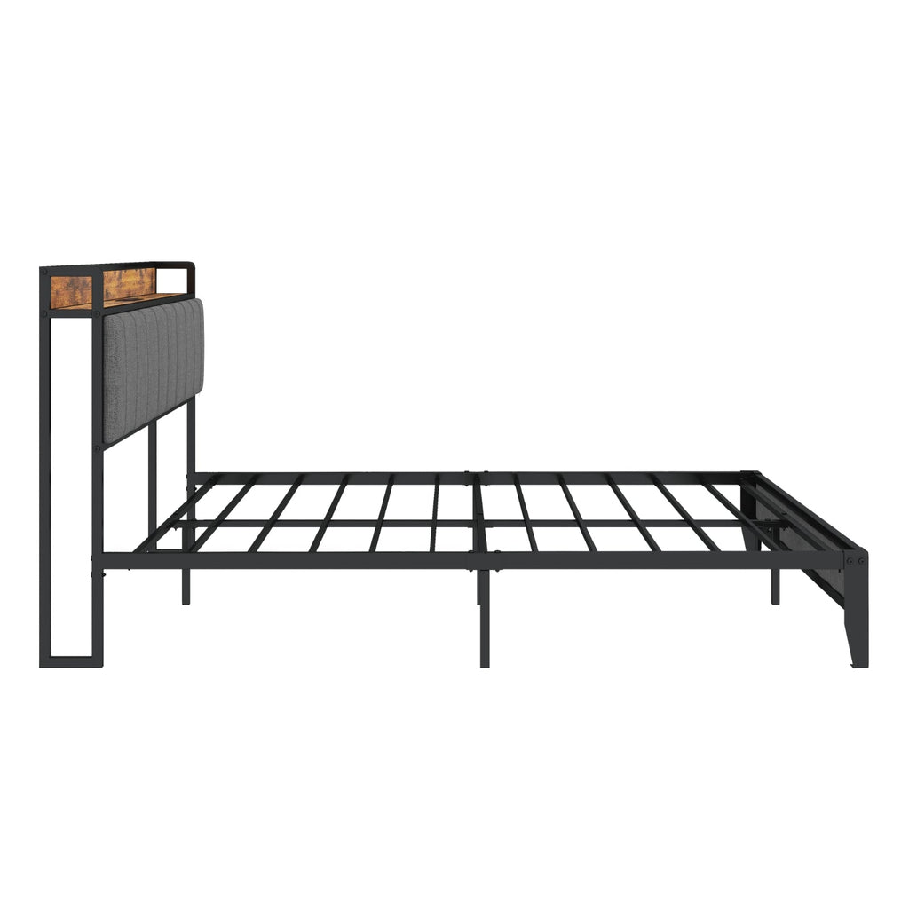 Queen Size Bed Frame With Charging Station, Upholstered Headboard, Metal Platform, Grey