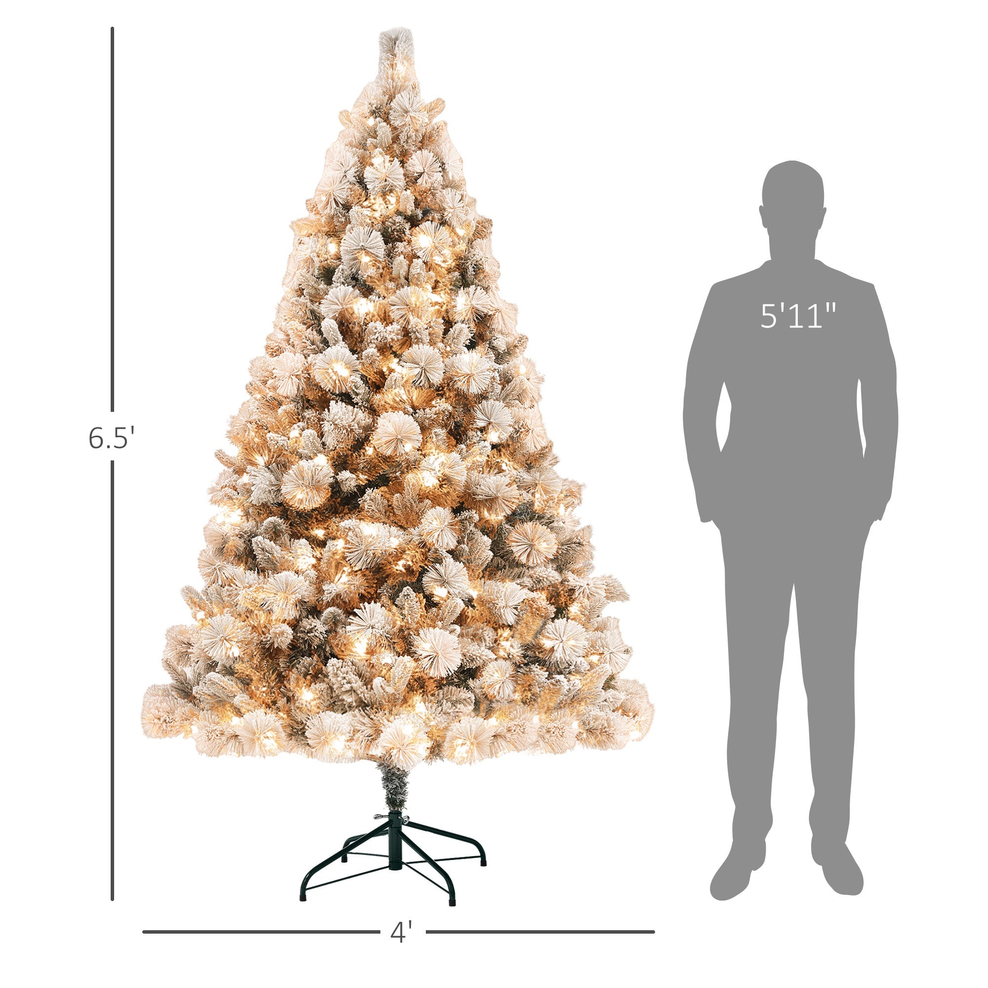 HOMCOM 6.5 Ft Pre-Lit Artificial Christmas Tree With 350 Clear Lights And 1107 Tips, Snow Flocked Christmas Tree With Metal Stand, Hinged Xmas Tree For Home Office Holiday, Green