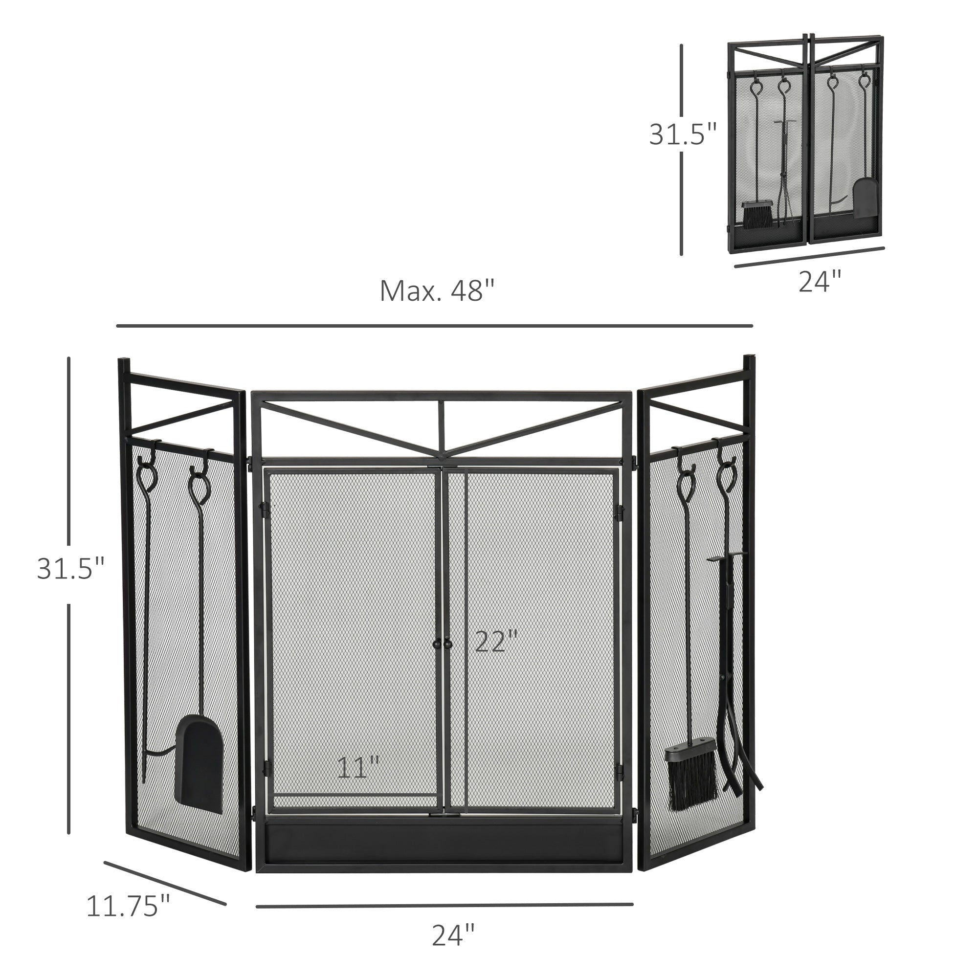 3-Panel Folding Fireplace Screen with 2 Magnetic Doors and Fire Place Tools Set