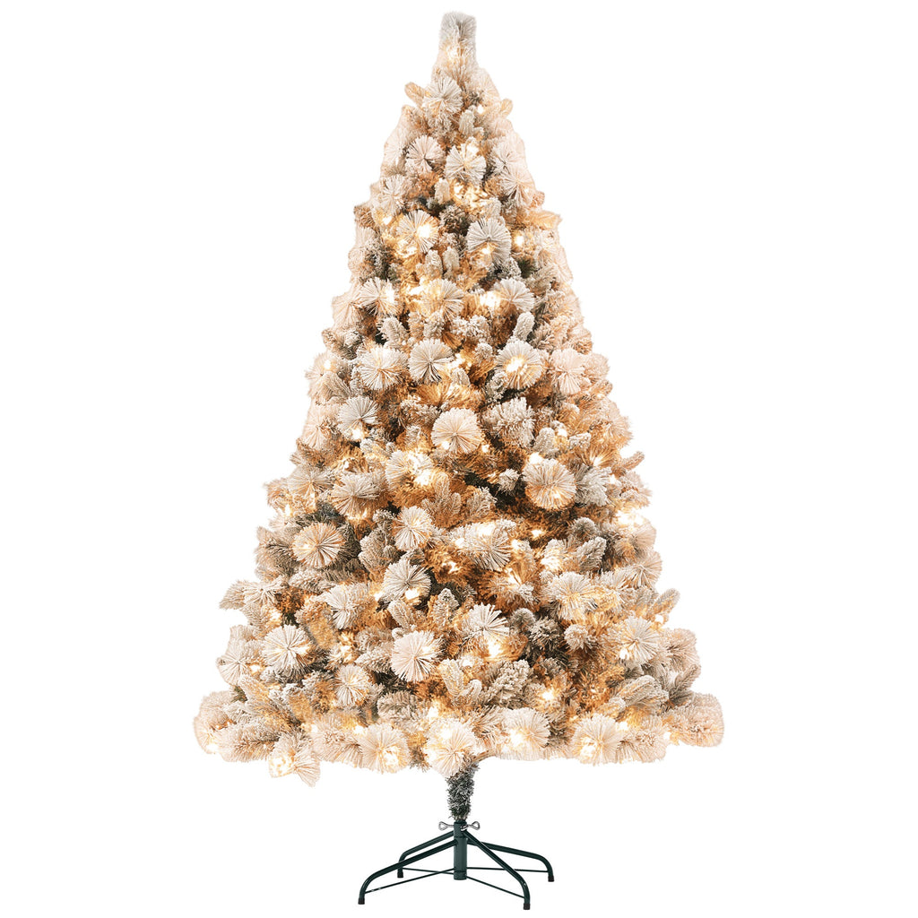 HOMCOM 6.5 Ft Pre-Lit Artificial Christmas Tree With 350 Clear Lights And 1107 Tips, Snow Flocked Christmas Tree With Metal Stand, Hinged Xmas Tree For Home Office Holiday, Green