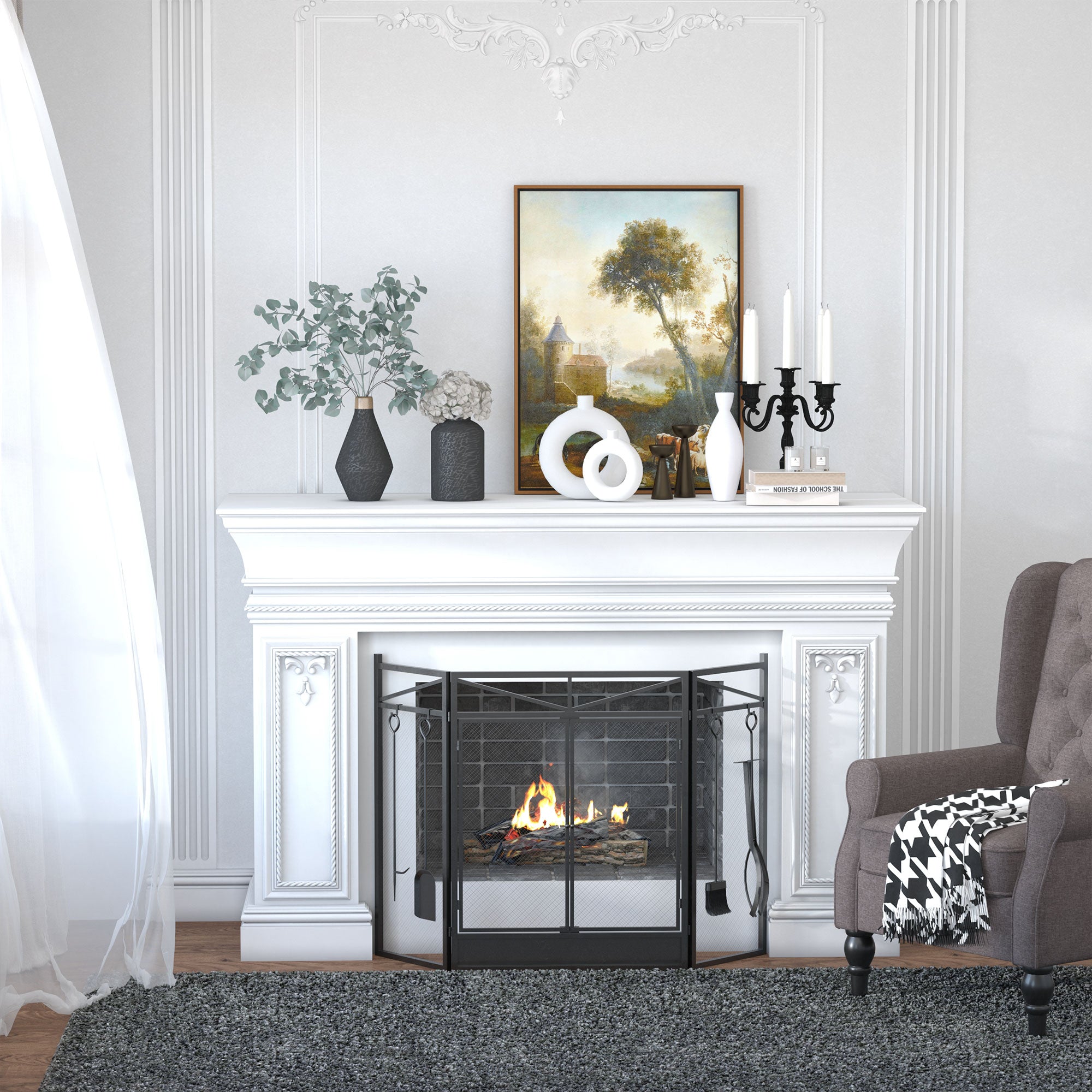 3-Panel Folding Fireplace Screen with 2 Magnetic Doors and Fire Place Tools Set
