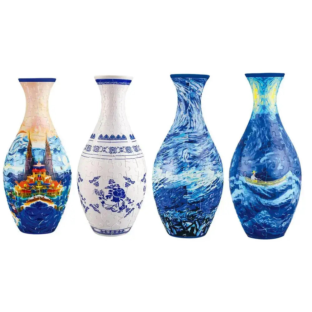 Four intricately designed curved puzzle vases with unique artistic patterns in a 3d puzzle vase building set