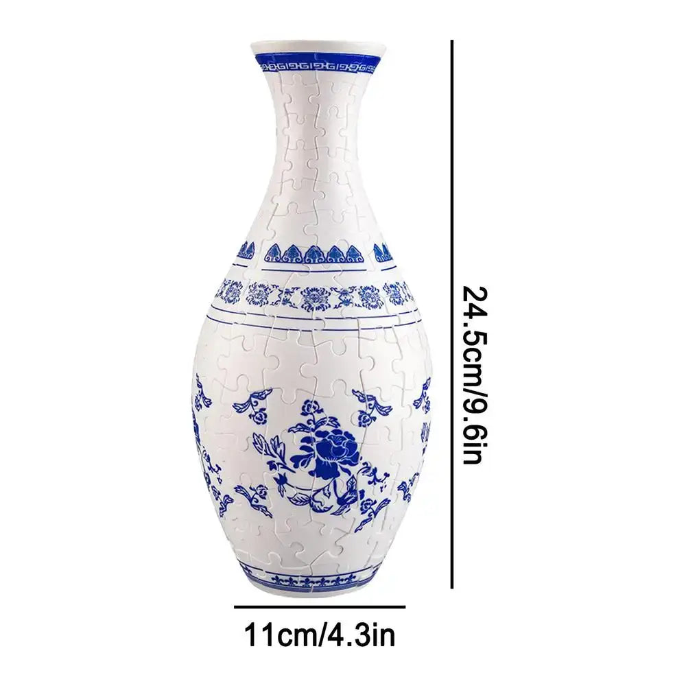 3d puzzle vase building set featuring a white and blue curved puzzle jigsaw resembling classic chinese porcelain vase