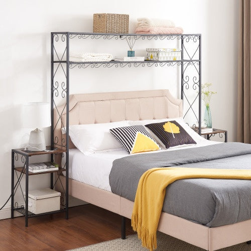Queen Bed Frame With 2 Nightstands Headboards With Storage Cabinet, Headboard With Shelves, Bookcase Headboard Queen Easy Assembly For Bedroom Iron And Wood Rustic Brown