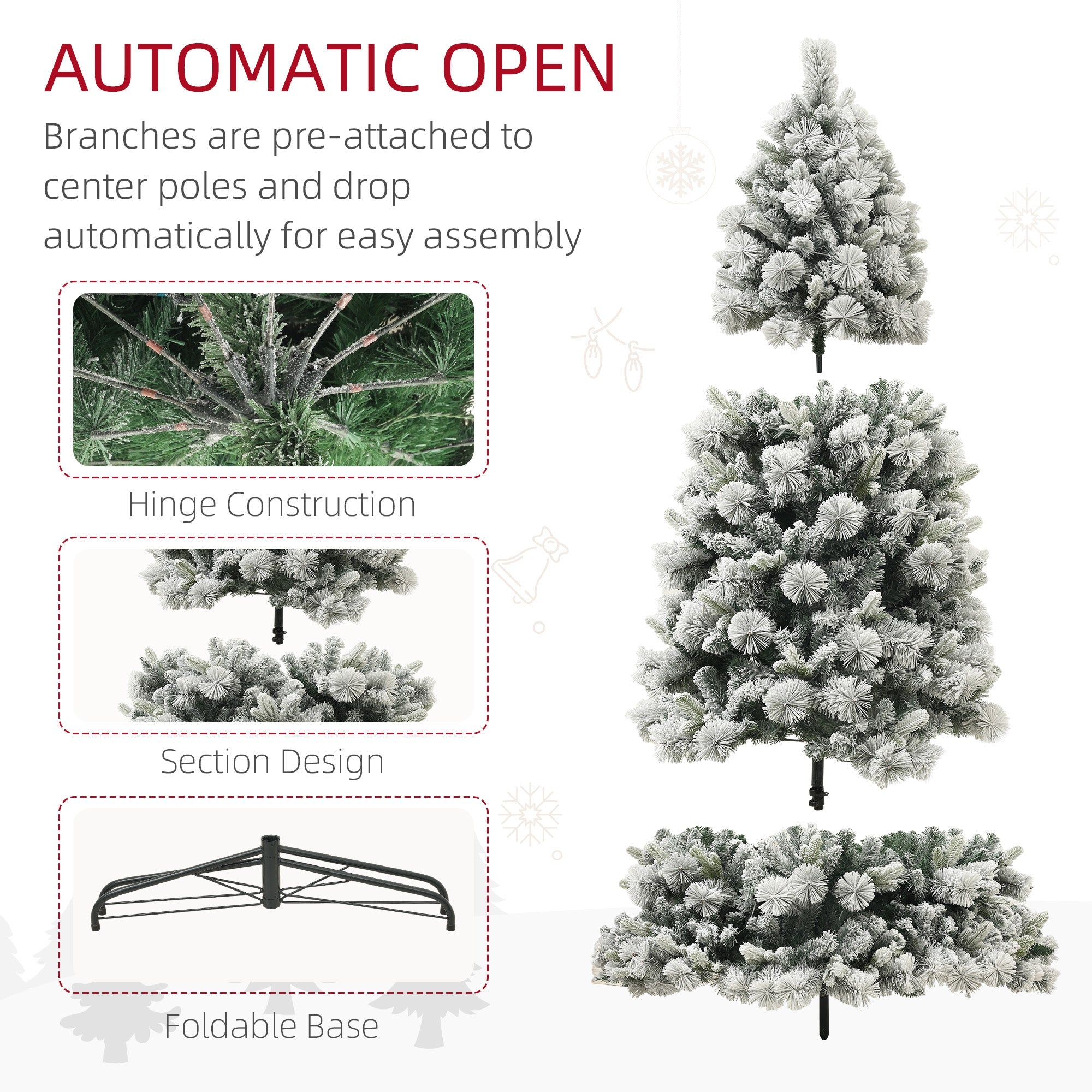 HOMCOM 6.5 Ft Pre-Lit Artificial Christmas Tree With 350 Clear Lights And 1107 Tips, Snow Flocked Christmas Tree With Metal Stand, Hinged Xmas Tree For Home Office Holiday, Green