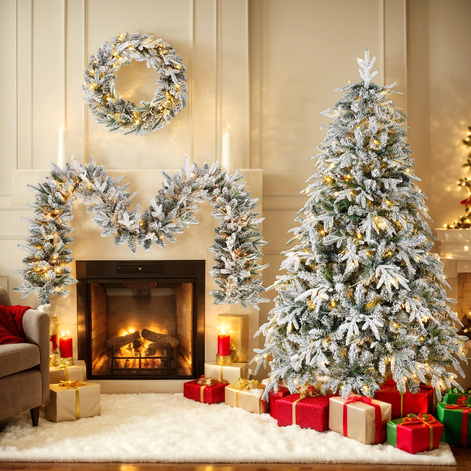 Christmas Snow Flocked Wreath With Xmas Snow Garland And Snow Xmas Tree, 3 Pac Snowy Flocked Christmas Decor With Warm LED Lights, 9ft Flocked Garland, Flocked Wreath, 6ft Flocked Tree