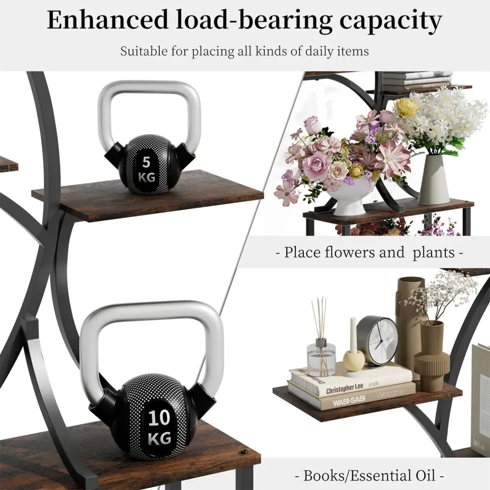 DecorBites™ 7 tier tree plant stand display rack with black and silver kettlebells featuring a textured dotted finish