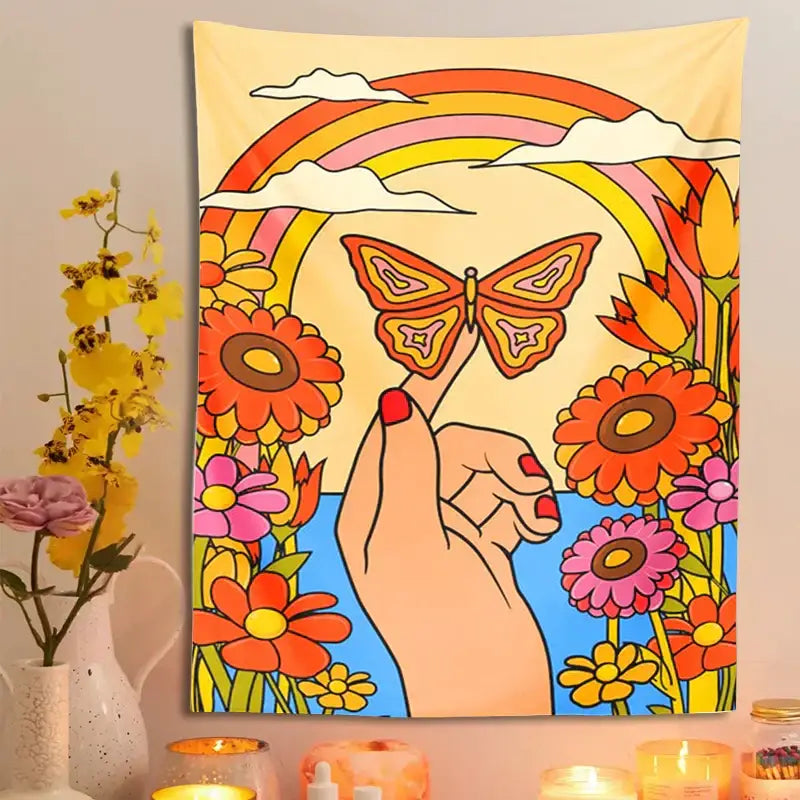 70s psychedelic butterfly rainbow tapestry bedroom wall art