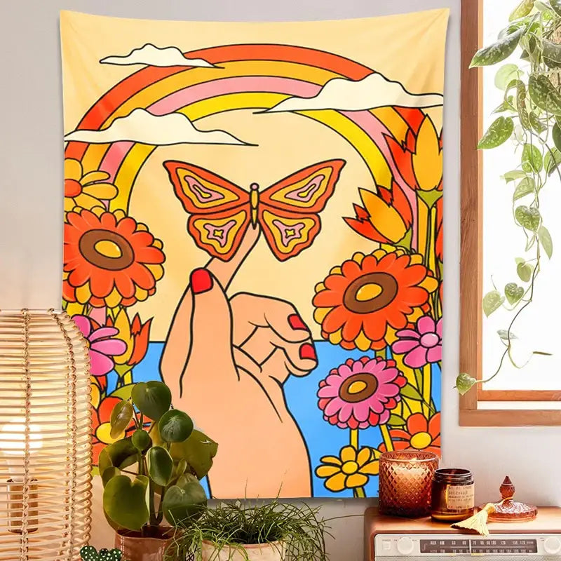 70s psychedelic butterfly rainbow tapestry bedroom wall art