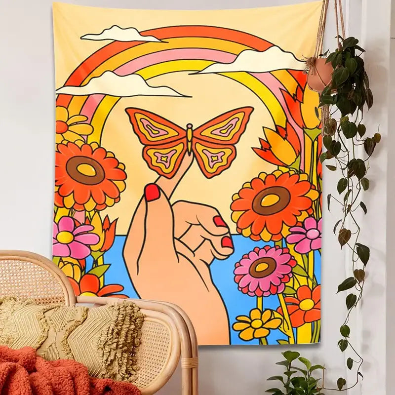 70s psychedelic butterfly rainbow tapestry bedroom wall art