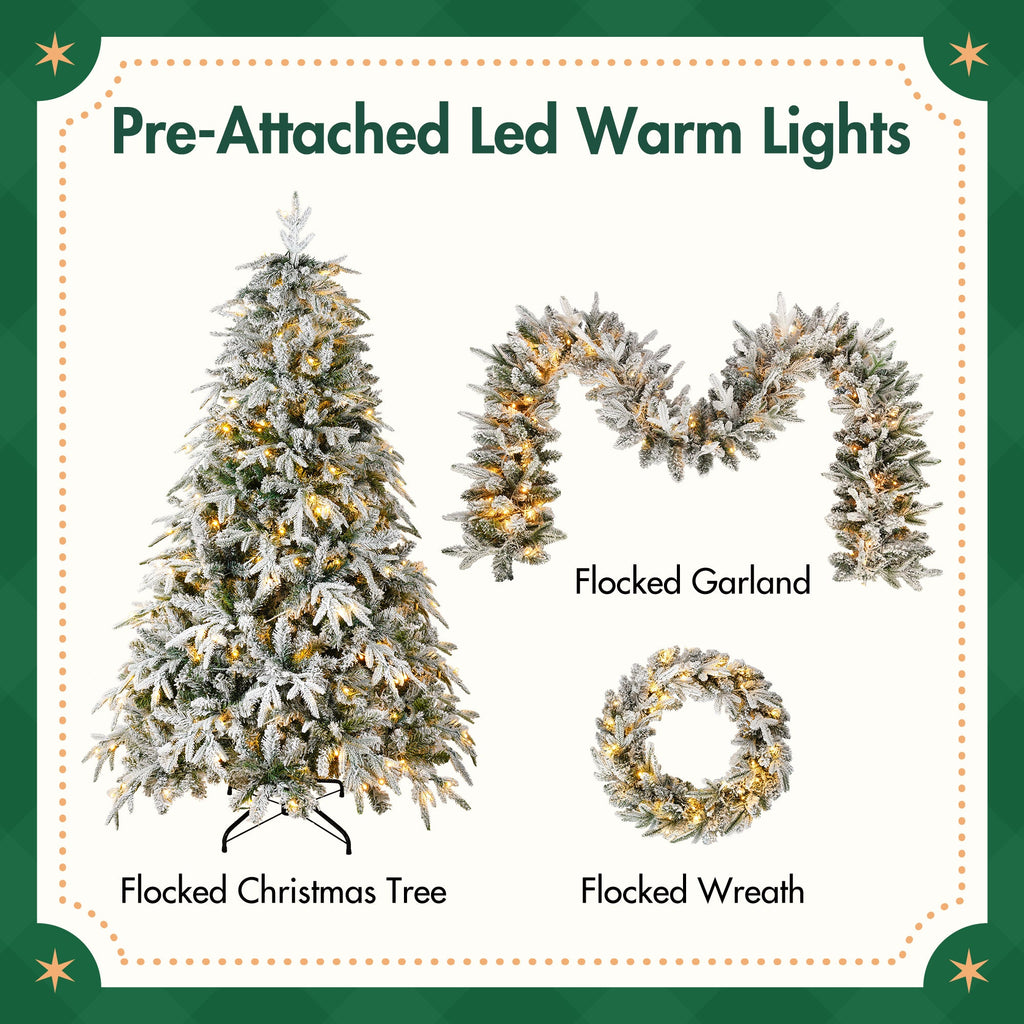 Christmas Snow Flocked Wreath With Xmas Snow Garland And Snow Xmas Tree, 3 Pac Snowy Flocked Christmas Decor With Warm LED Lights, 9ft Flocked Garland, Flocked Wreath, 6ft Flocked Tree