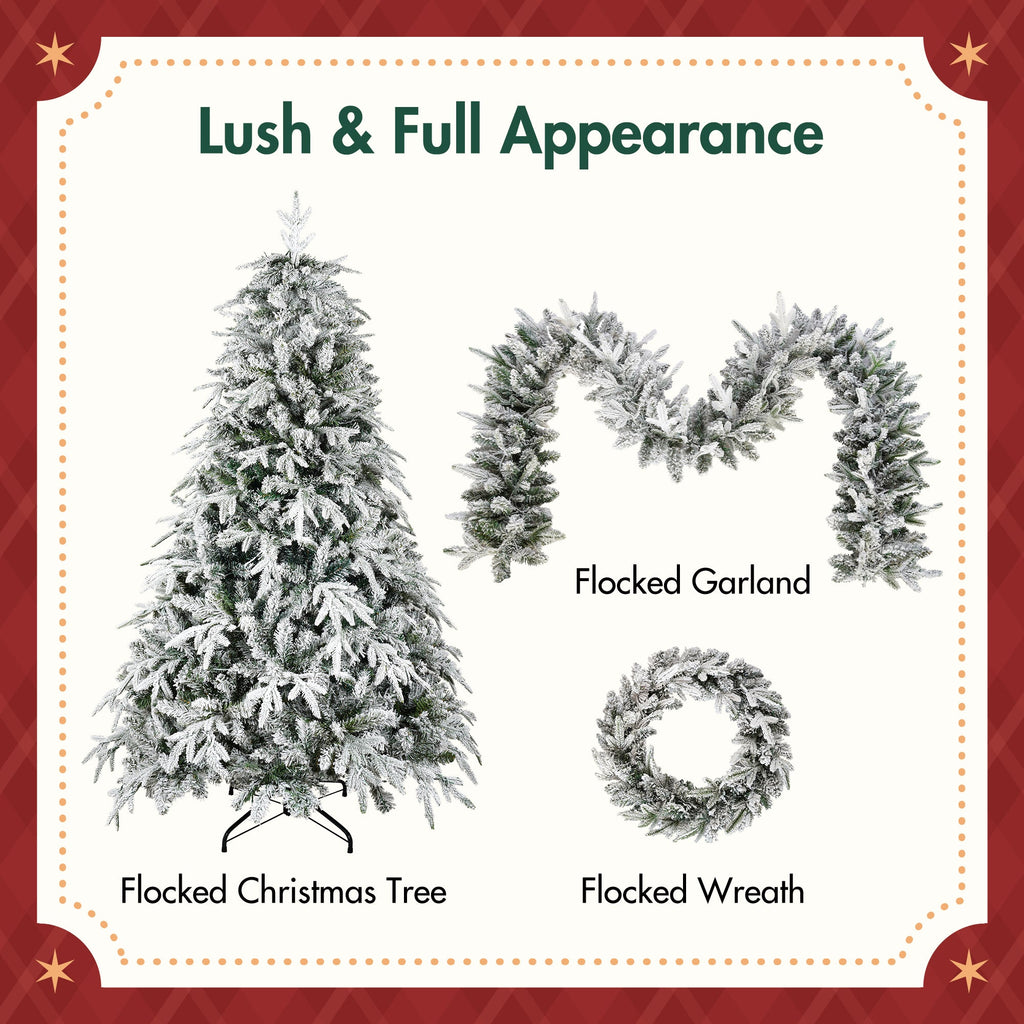Christmas Snow Flocked Wreath With Xmas Snow Garland And Snow Xmas Tree, 3 Pac Snowy Flocked Christmas Decor With Warm LED Lights, 9ft Flocked Garland, Flocked Wreath, 6ft Flocked Tree