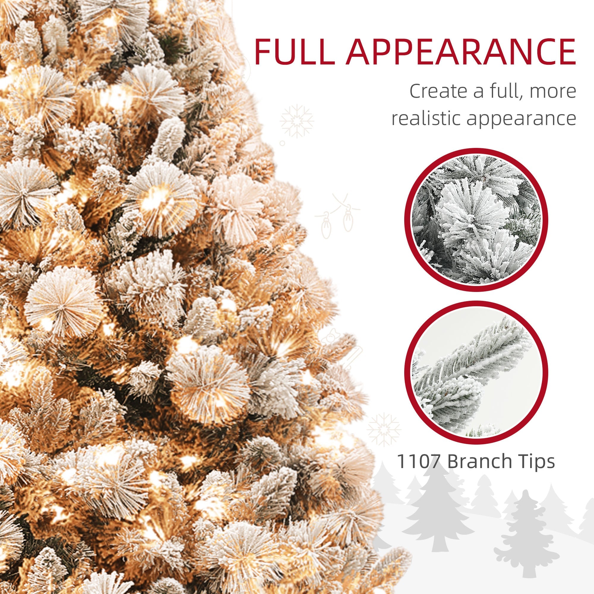 HOMCOM 6.5 Ft Pre-Lit Artificial Christmas Tree With 350 Clear Lights And 1107 Tips, Snow Flocked Christmas Tree With Metal Stand, Hinged Xmas Tree For Home Office Holiday, Green