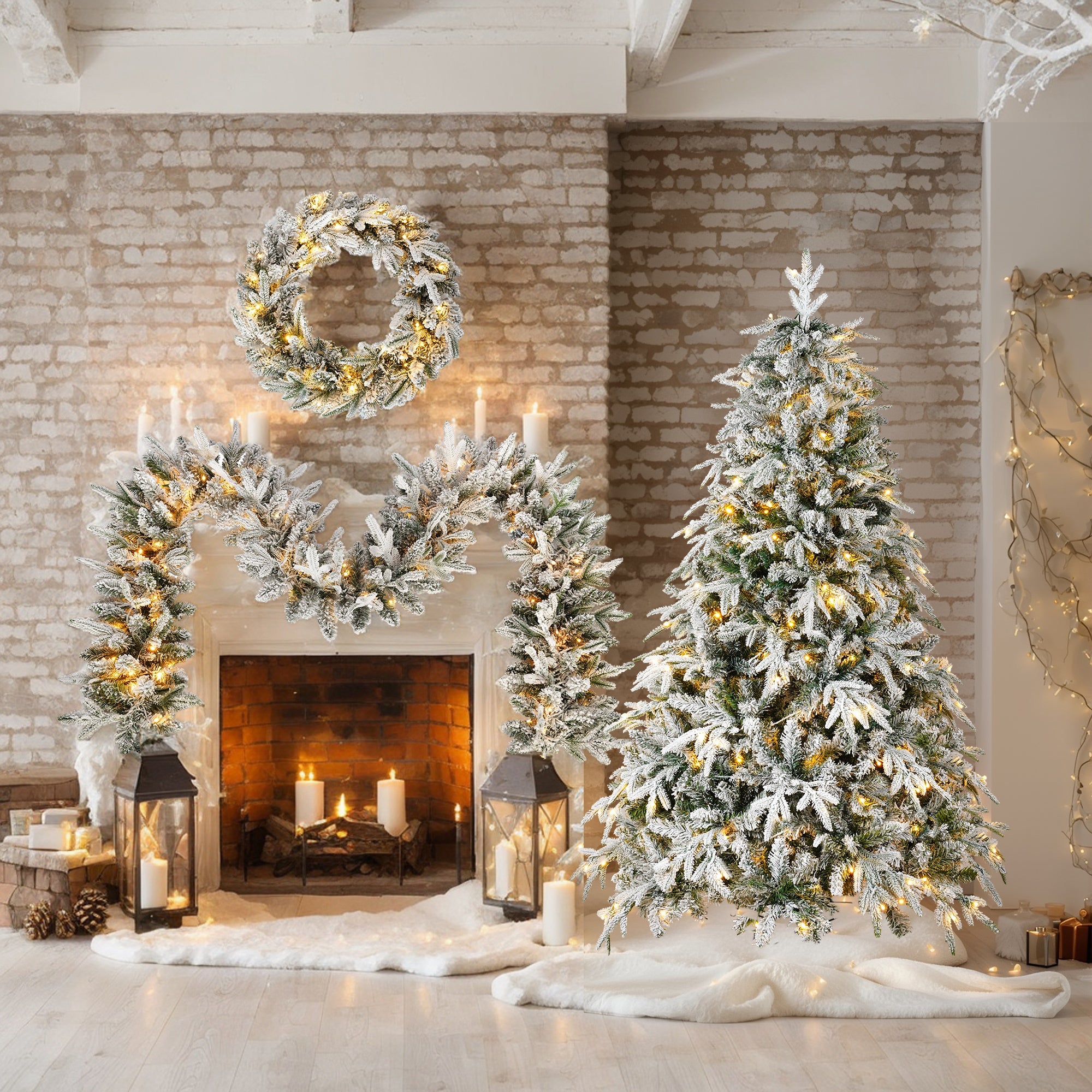 Christmas Snow Flocked Wreath With Xmas Snow Garland And Snow Xmas Tree, 3 Pac Snowy Flocked Christmas Decor With Warm LED Lights, 9ft Flocked Garland, Flocked Wreath, 6ft Flocked Tree