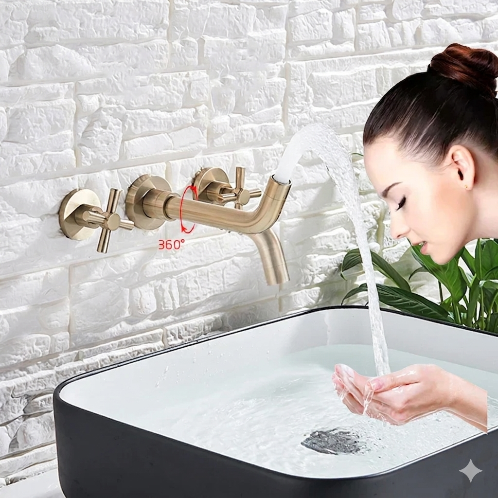 DecorBites™ خلاط حوض ذهبي مثبت على الحائط بمقبضين مزدوجين