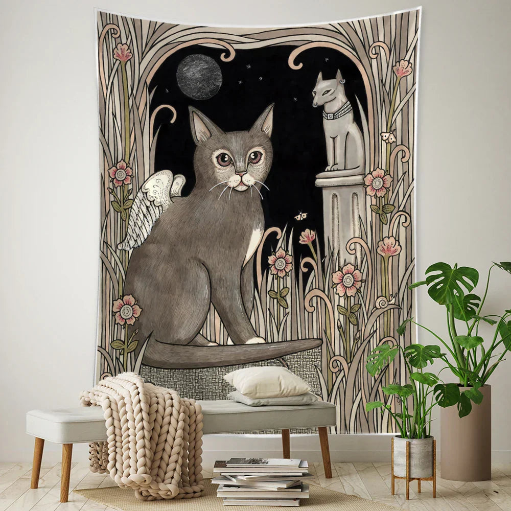 DecorBites™ Black Cat Tarot Tapestry: Psychedelic Hippie Wall Hanging Room Decor