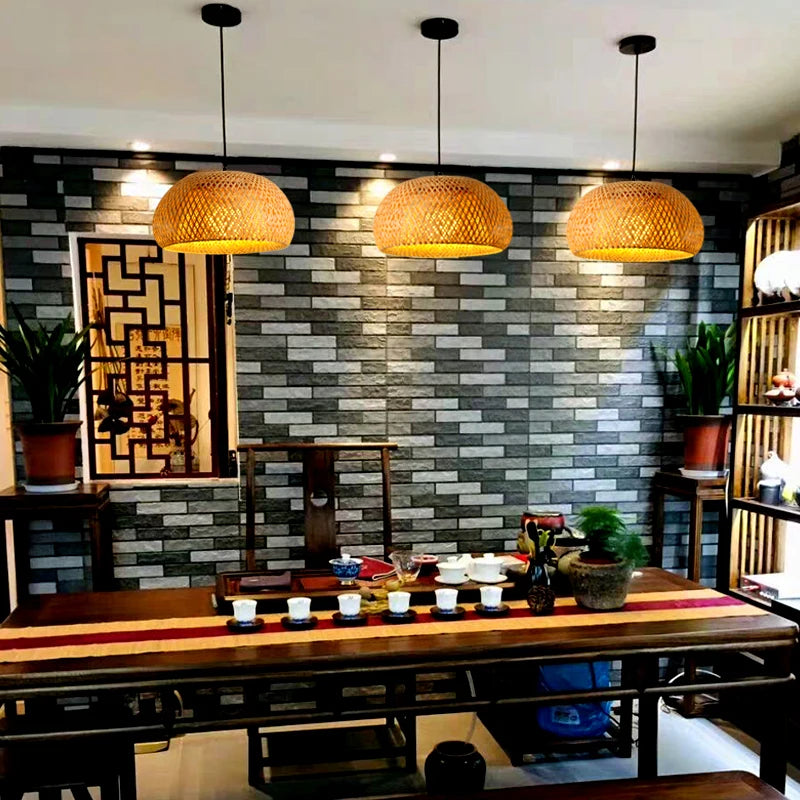 Handwoven Rattan Bamboo Pendant Light in Black