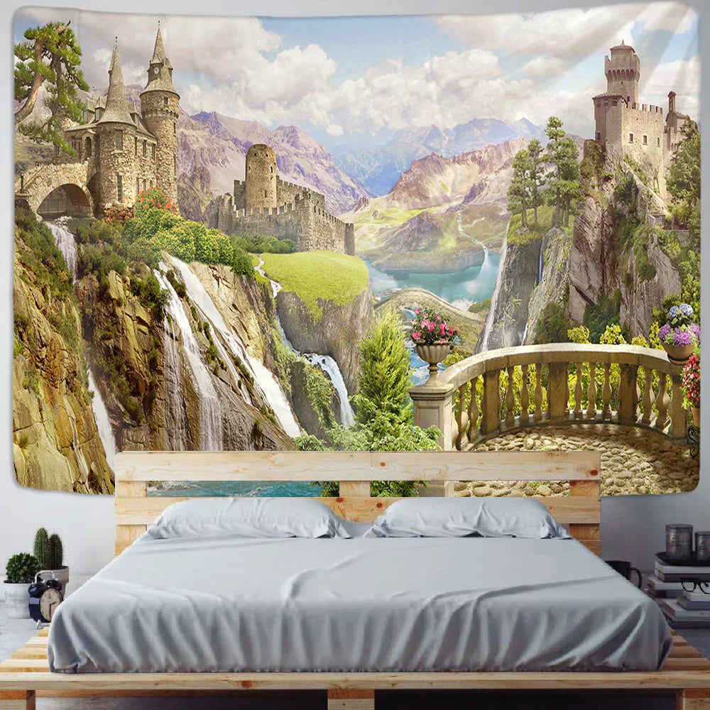 DecorBites™ Green Plant Landscape Tapestry | Boho Wall Hanging for City Castle Hill