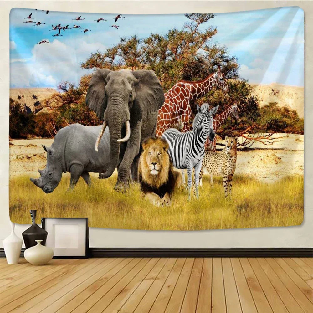 DecorBites™ Lion Tapestry African Grassland Animals Cartoon Wall Hanging Blanket