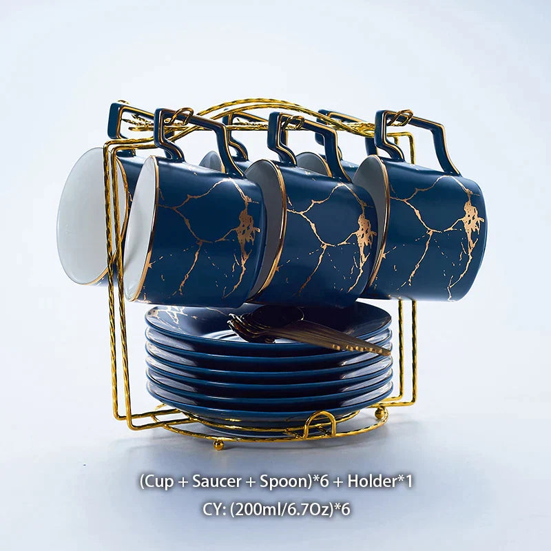 DecorBites™ 200ml Marble Ceramic Tea Set with Spoon and Saucer