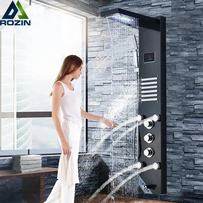 لوحة دش ديكور بايتس™ LED بصنبور ورأس دش شلال وفتحات تدليك