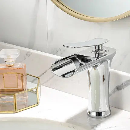 DecorBites™ Gold Waterfall Bathroom Basin Faucet, White Mixer Tap Hot Cold Sink Plugin
