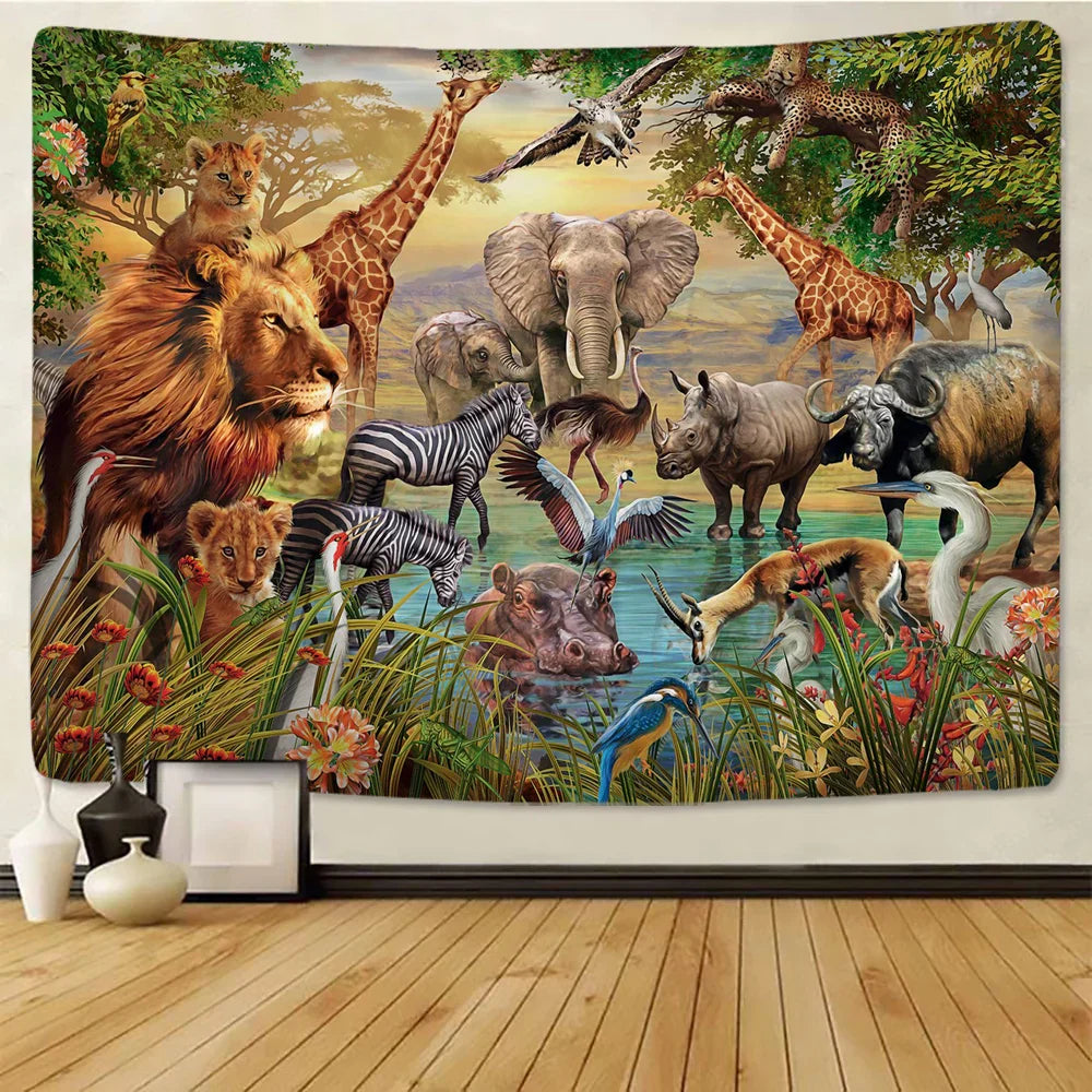 DecorBites™ Lion Tapestry African Grassland Animals Cartoon Wall Hanging Blanket