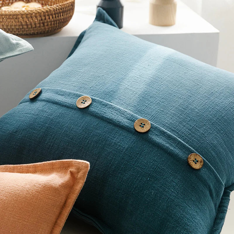 DecorBites™ غطاء وسادة من القطن والكتان 45×45 سم باللون الوردي والأزرق والأخضر والبيج مع أزرار جوز الهند لتزيين المنزل