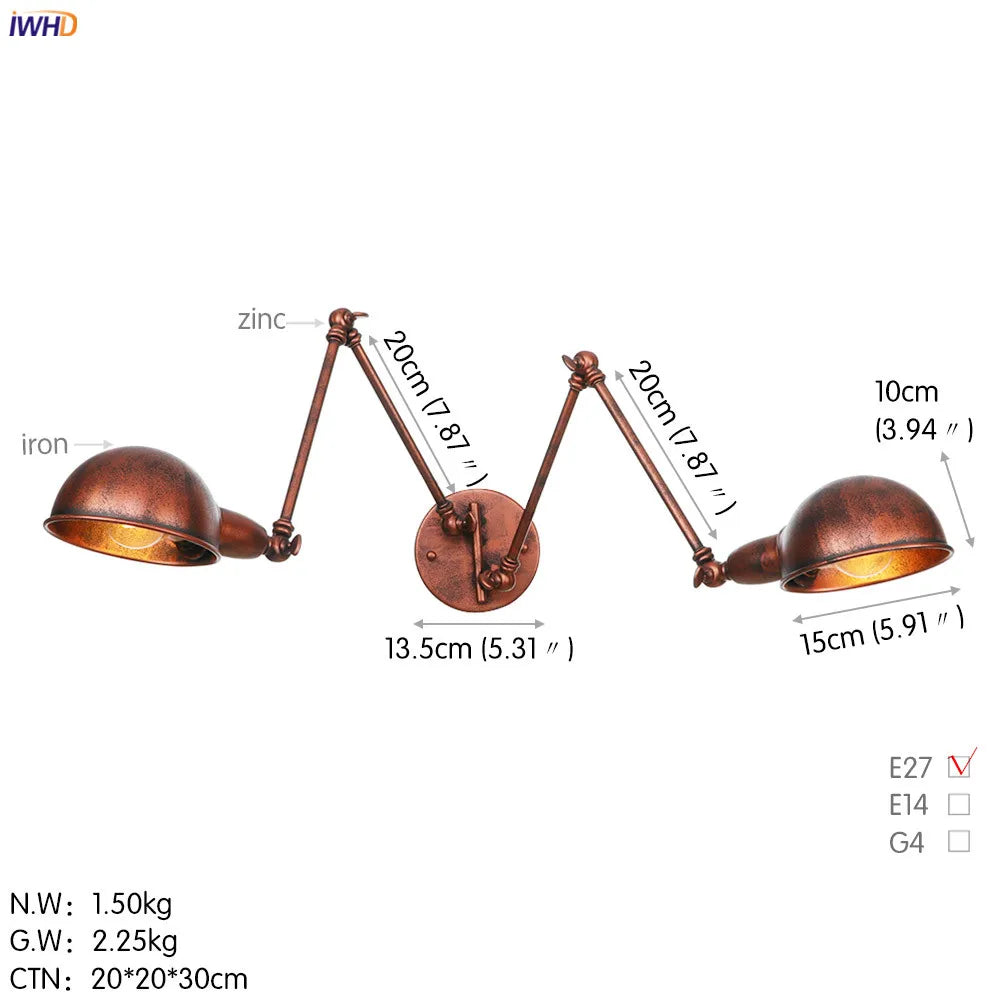 DecorBites™ مصباح جداري كلاسيكي من أديسون طراز Loft بذراع متأرجح - 3 رؤوس باللون الأسود