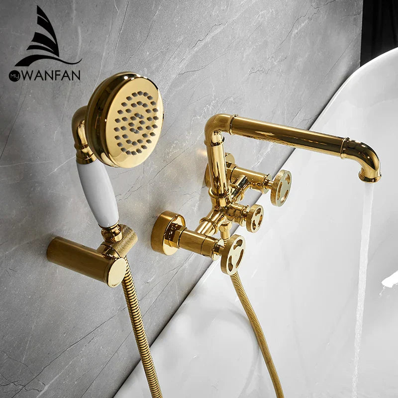 طقم دش حوض استحمام ذهبي DecorBites™ مع تحكم مزدوج يثبت على الحائط