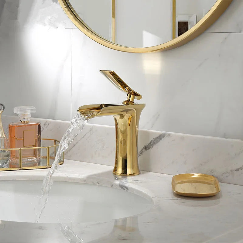 DecorBites™ Gold Waterfall Bathroom Basin Faucet Mixer Tap Hot Cold White Sink