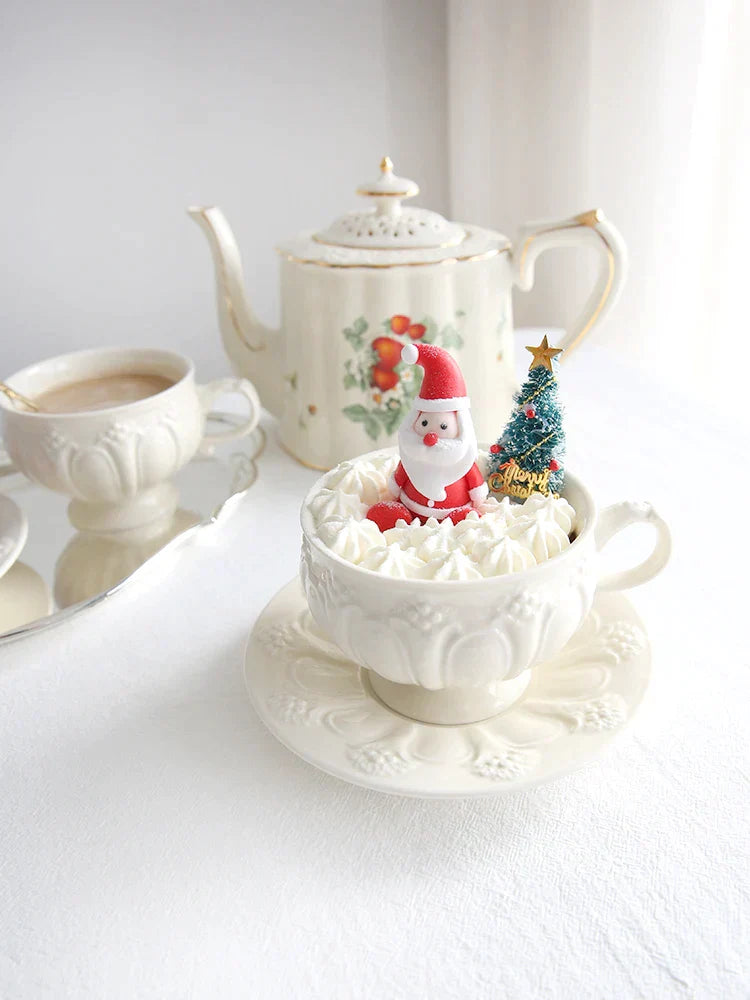 DecorBites™ French Garden Cream Ceramic Tea Cup Saucer Set for Elegant Afternoon Tea