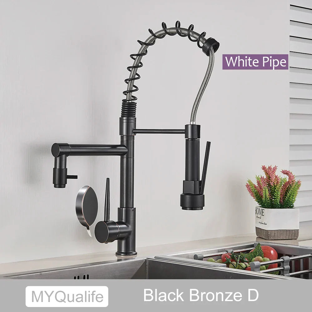 DecorBites™ Black Brass Kitchen Faucet with Dual Spout, 360 Rotation, Deck Mounted