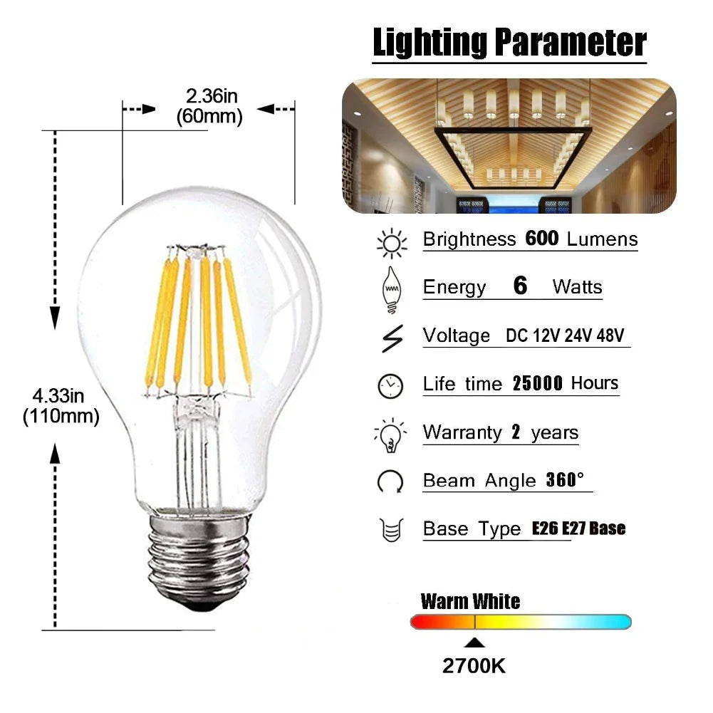 DecorBites™ لمبة ليد متوهجة A19 6W 4500K ضوء نهاري أبيض دافئ E26 E27