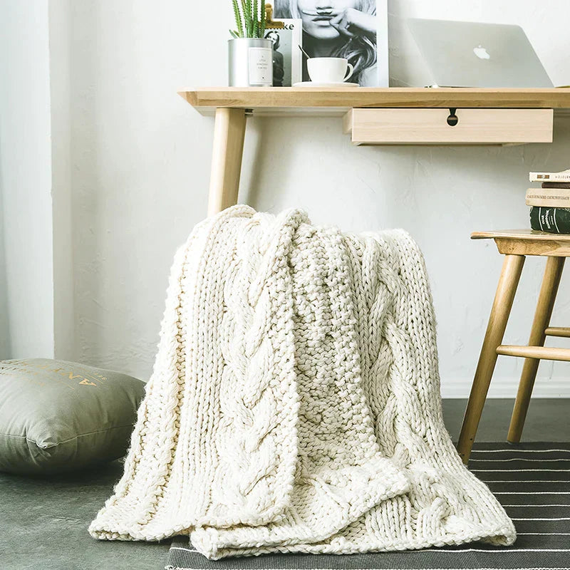 Couverture en laine tricotée épaisse beige kaki DecorBites™