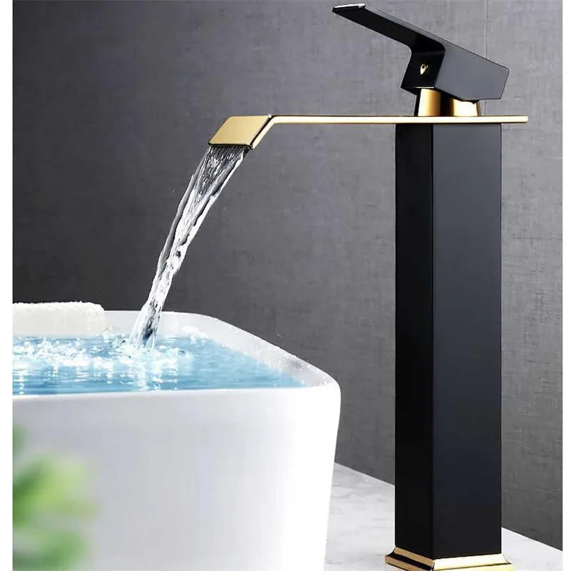 DecorBites™ Gold Waterfall Basin Faucet - Brass Mixer Tap for Bathroom Sink, Hot and Cold