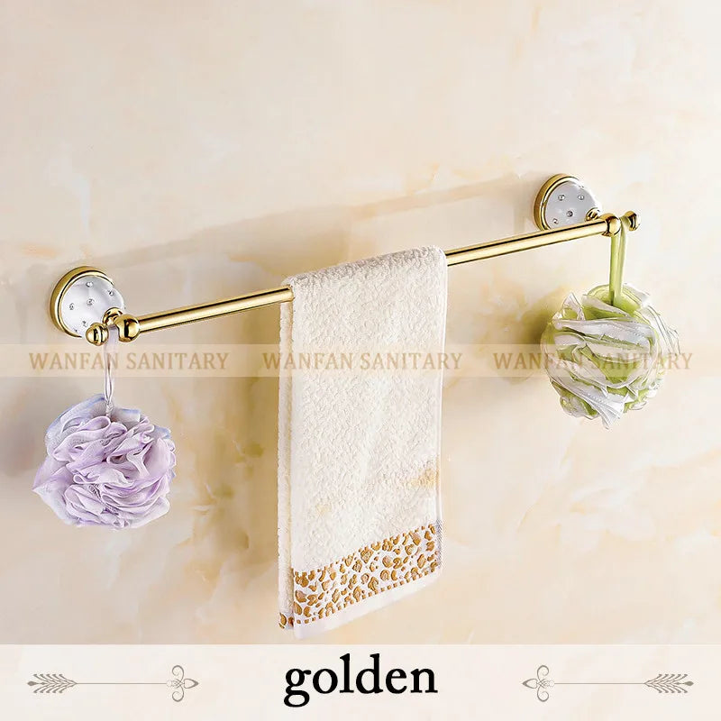 DecorBites™ Golden Bath Hardware Set: TP Holder, Towel Rack, Tissue Holder, Cup Holder, Robe Hook