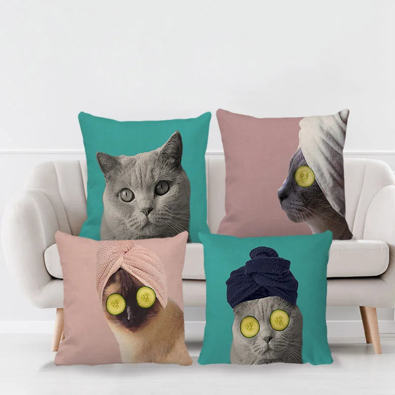 DecorBites™ غطاء وسادة مزخرف بتصميم وجه قطة لطيفة من الكتان الناعم لأريكة المنزل