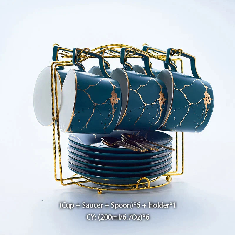 DecorBites™ 200ml Marble Ceramic Tea Set with Spoon and Saucer