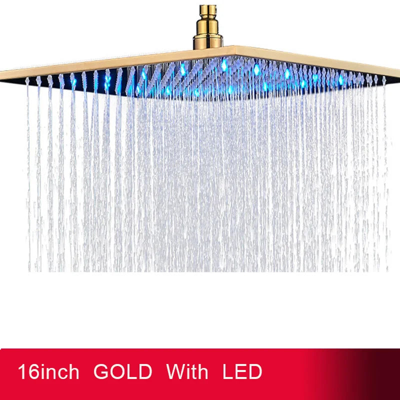 DecorBites™ 16" Square LED Light Rainfall Shower Head - Color Changing Brass Showerhead