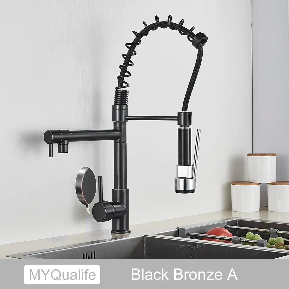 DecorBites™ Black Brass Kitchen Faucet with Dual Spout, 360 Rotation, Deck Mounted