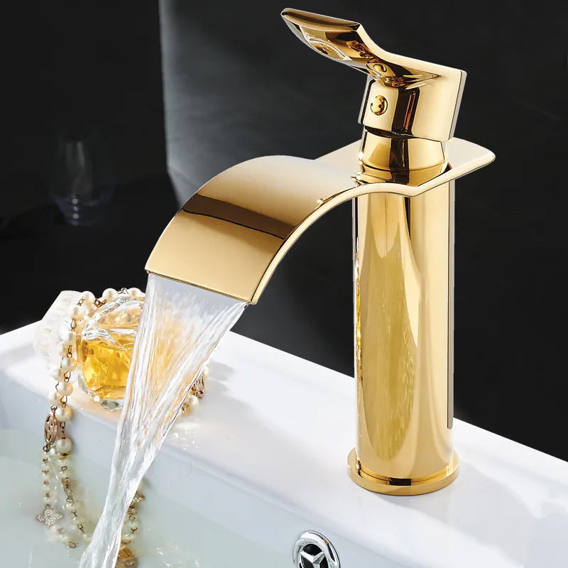 Robinet mitigeur d'évier DecorBites™ cascade doré et blanc pour salle de bain, eau chaude et froide
