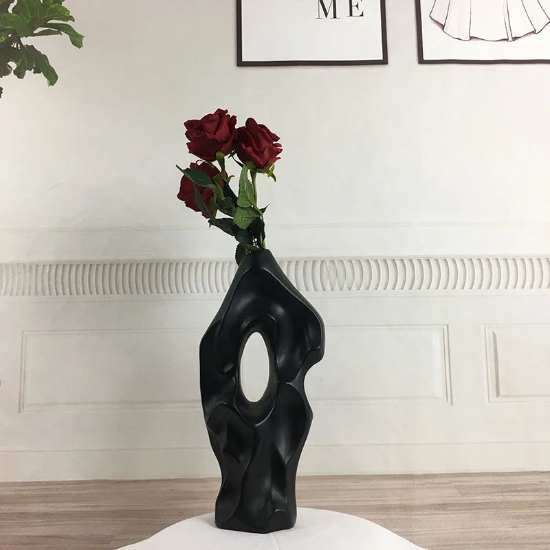 DecorBites™ Black & White Abstract Ceramic Vase - Handcrafted Hollow Out Hole Design