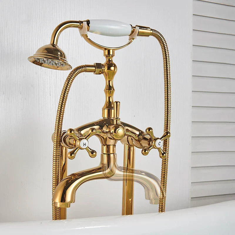 صنبور دش حوض استحمام قائم بذاته بمقبض مزدوج بتصميم مخلب من DecorBites™، خلاط ذهبي مصقول