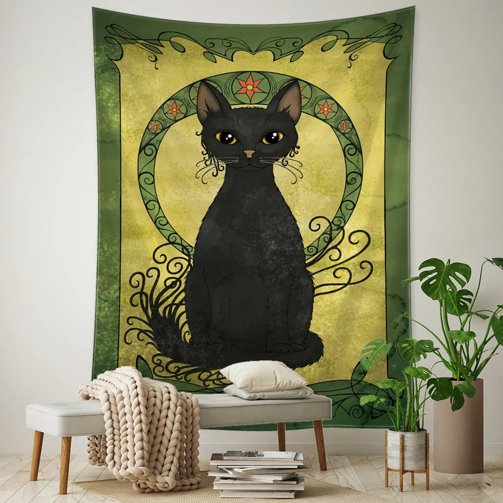 DecorBites™ Black Cat Tarot Tapestry: Psychedelic Hippie Wall Hanging Room Decor