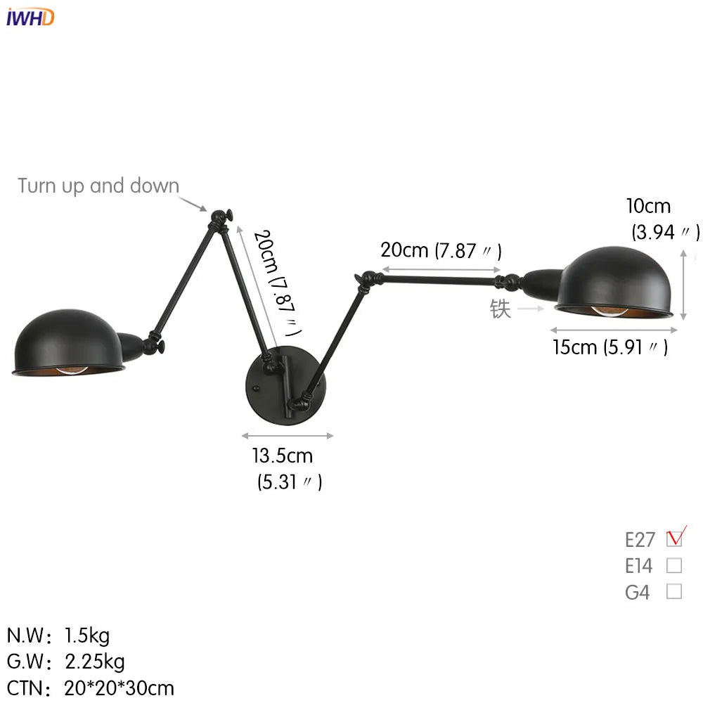 DecorBites™ مصباح جداري كلاسيكي من أديسون طراز Loft بذراع متأرجح - 3 رؤوس باللون الأسود