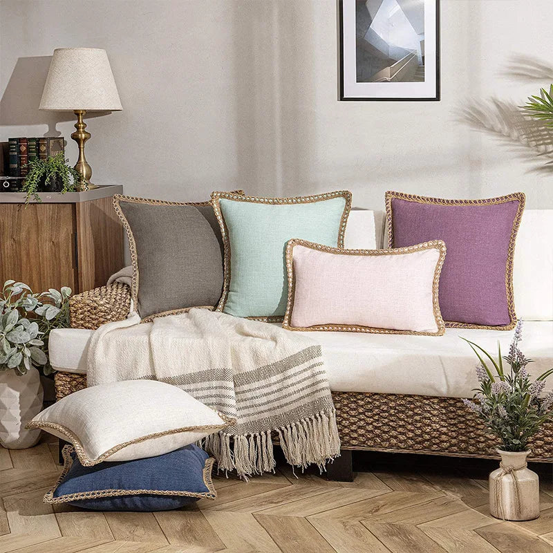 DecorBites™ Hemp Rope Edging Lotus Leaf Hug Pillowcase - Medium Cotton Linen Cushion Cover