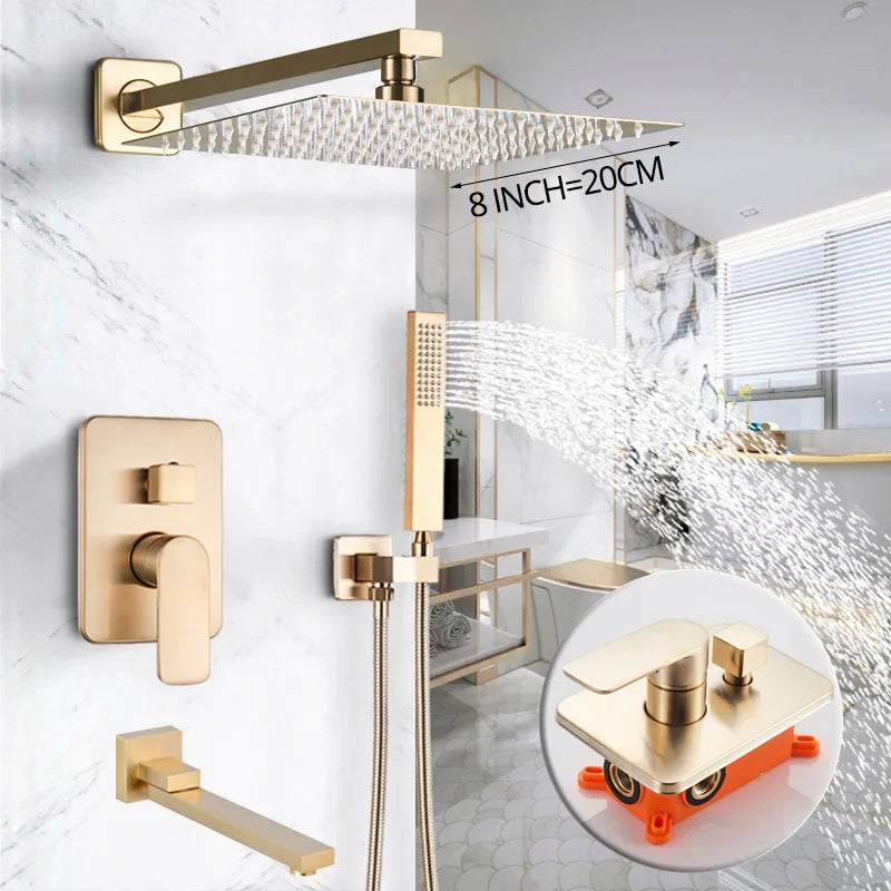 DecorBites™ Golden 8" Rainfall Shower Faucet Set with Handshower - Wall Mounted Luxury Mixer Tap