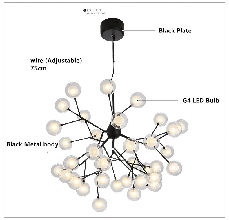 DecorBites™ Heracleum Firefly Glass Ball Chandelier: Gold Luxury Lighting for Dining Kitchen Staircase